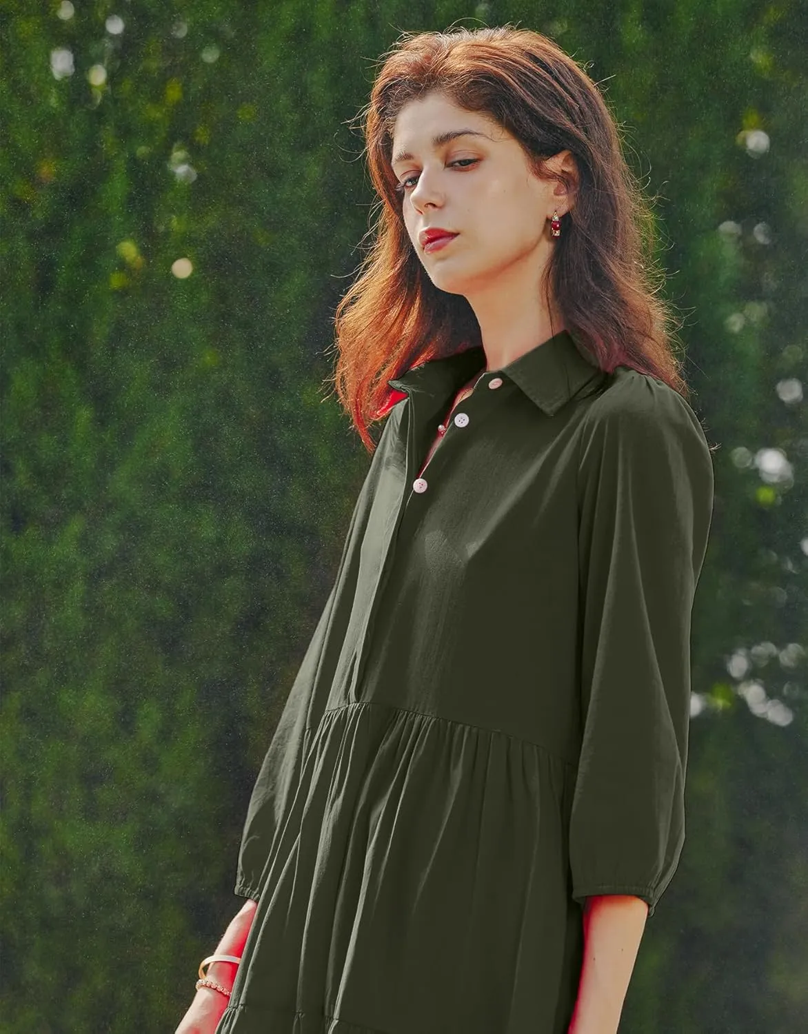 Women Flowy Maxi Shirt Dress Casual Button Down V Neck Ruffled Beach Long Dresses with Pockets