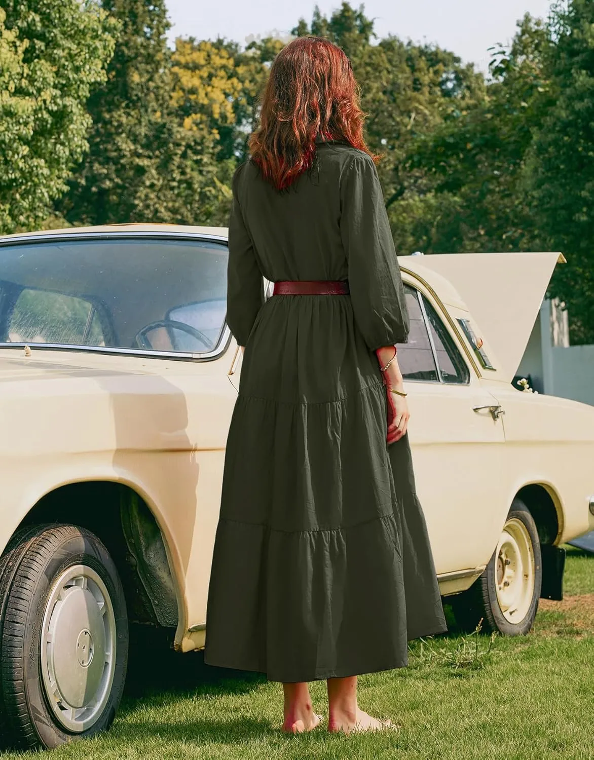 Women Flowy Maxi Shirt Dress Casual Button Down V Neck Ruffled Beach Long Dresses with Pockets