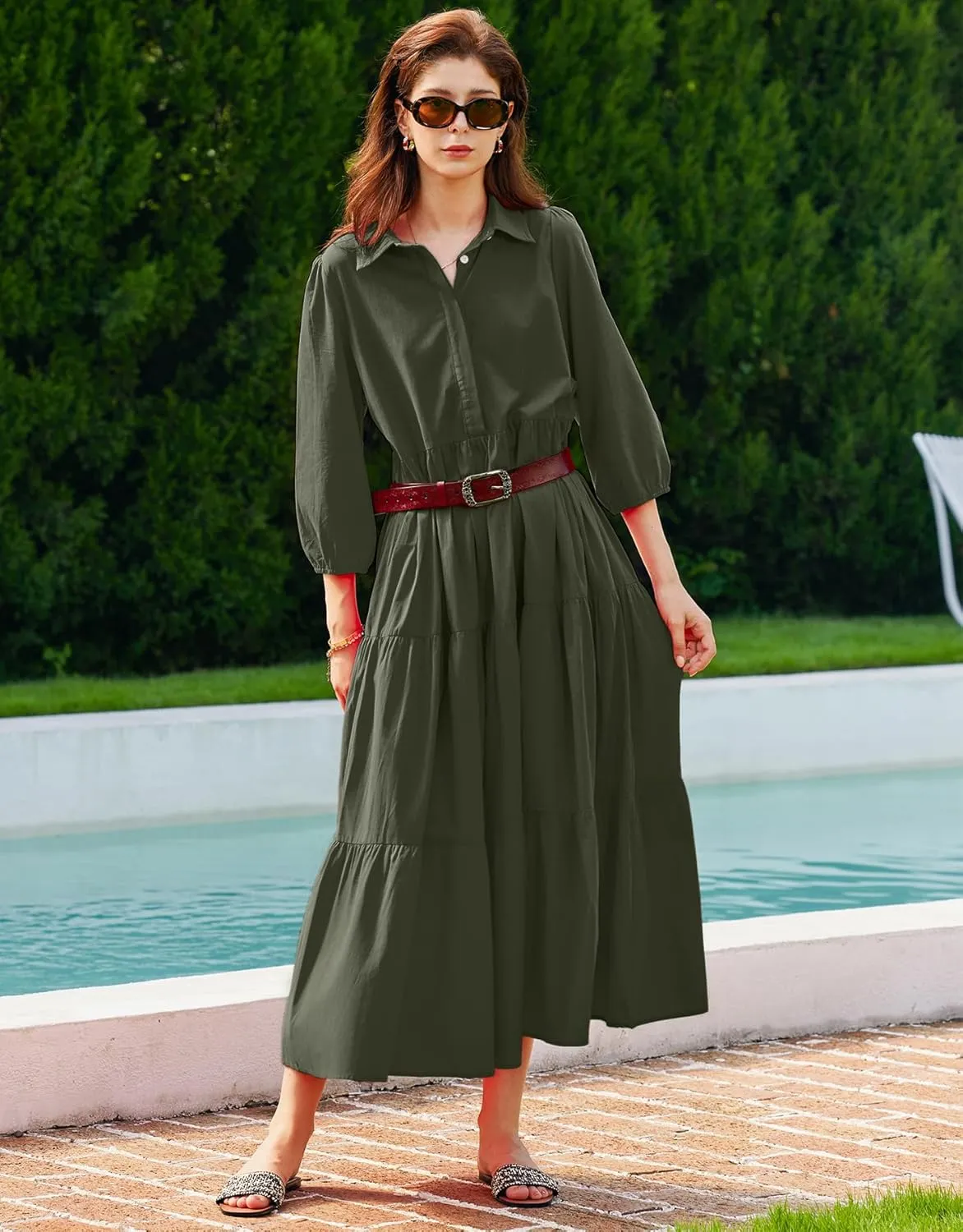 Women Flowy Maxi Shirt Dress Casual Button Down V Neck Ruffled Beach Long Dresses with Pockets