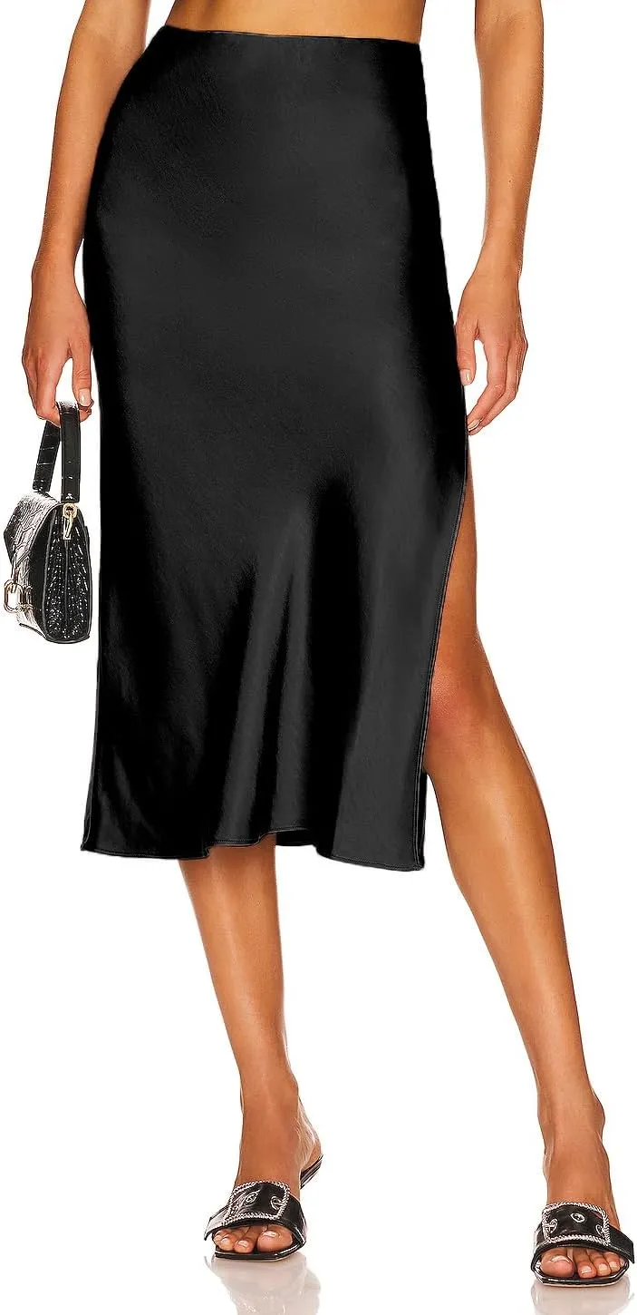 Women Summer High Waist Wrap Ruffled Side Slit Adjustable Waistband Midi Skirt