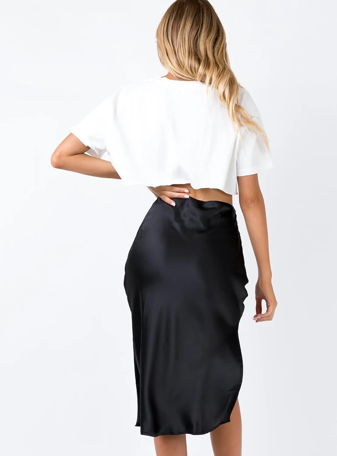 Women Summer High Waist Wrap Ruffled Side Slit Adjustable Waistband Midi Skirt