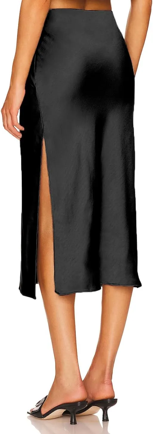 Women Summer High Waist Wrap Ruffled Side Slit Adjustable Waistband Midi Skirt