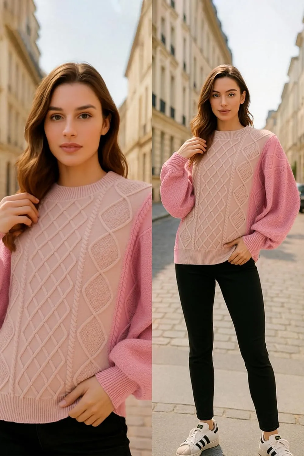 Women's Color Block Cable Knit Sweater  Crewneck Long Sleeve Pullover, Soft Textured Knitwear for Fall and Winter