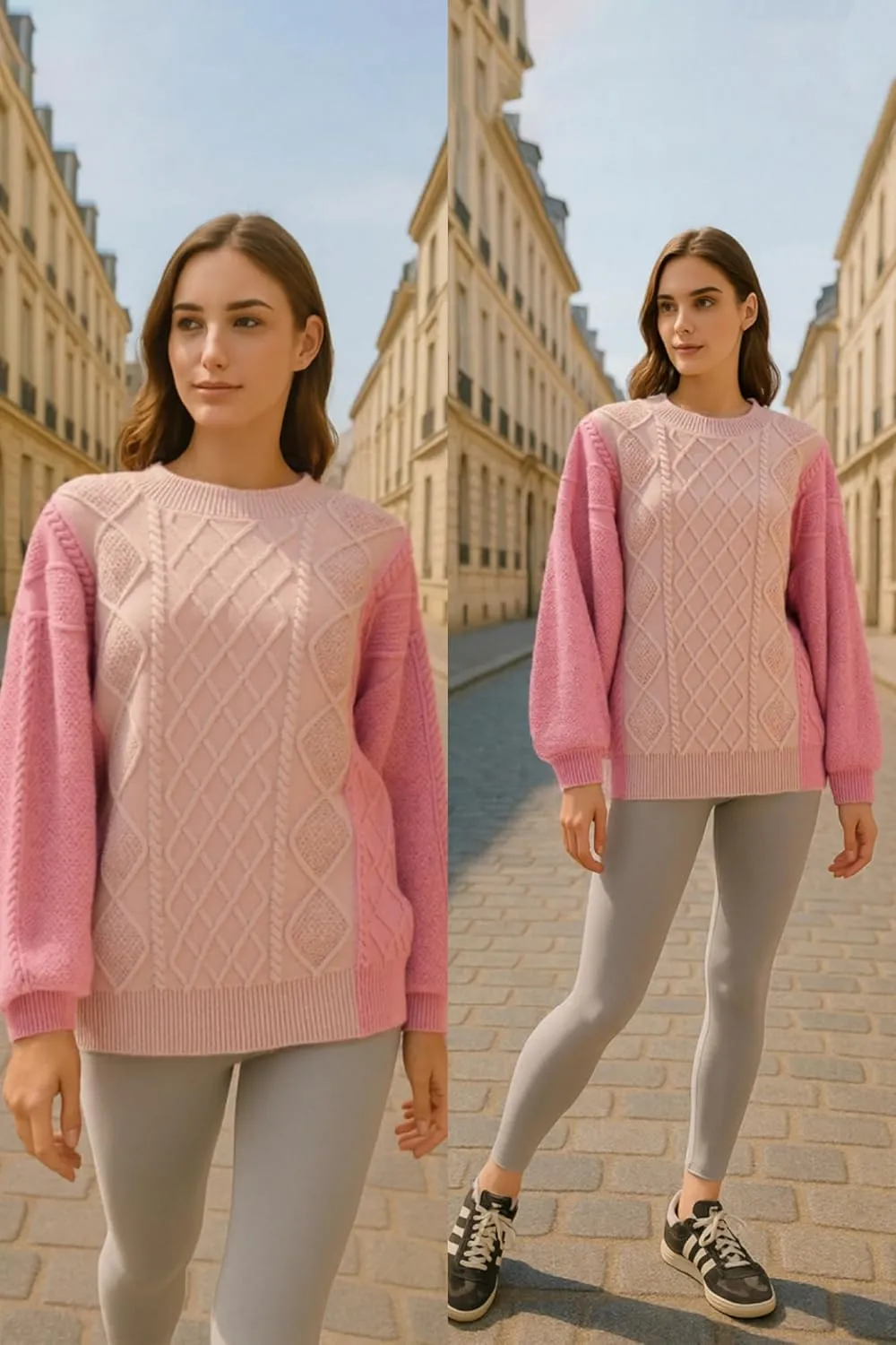 Women's Color Block Cable Knit Sweater  Crewneck Long Sleeve Pullover, Soft Textured Knitwear for Fall and Winter