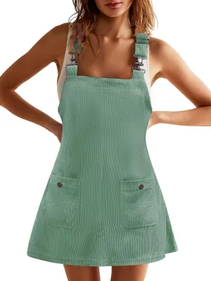Women's Corduroy Overall Dress Adjustable Strap Jumper Mini Dresses with Pockets Summer Fashion Overalls 2025