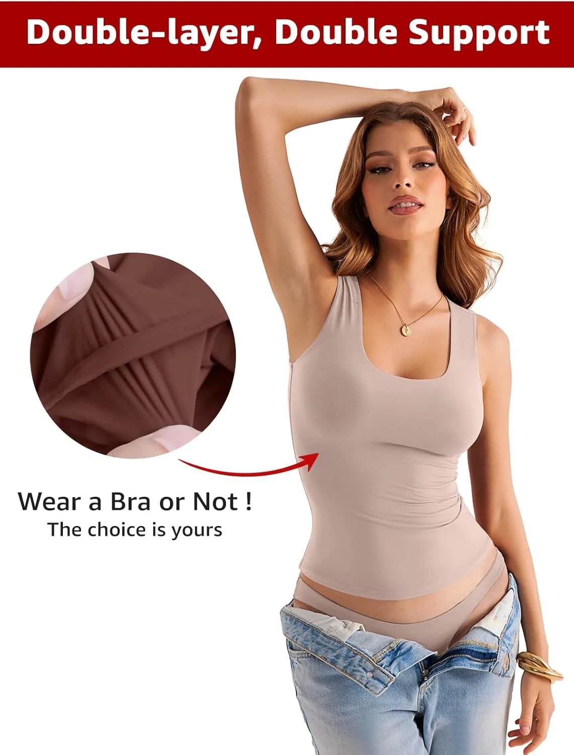 Womens Double Lined Scoop Neck Tank Tops Basic Slim Fit Sleeveless Shirts Y2K Summer Going Out Outfits
