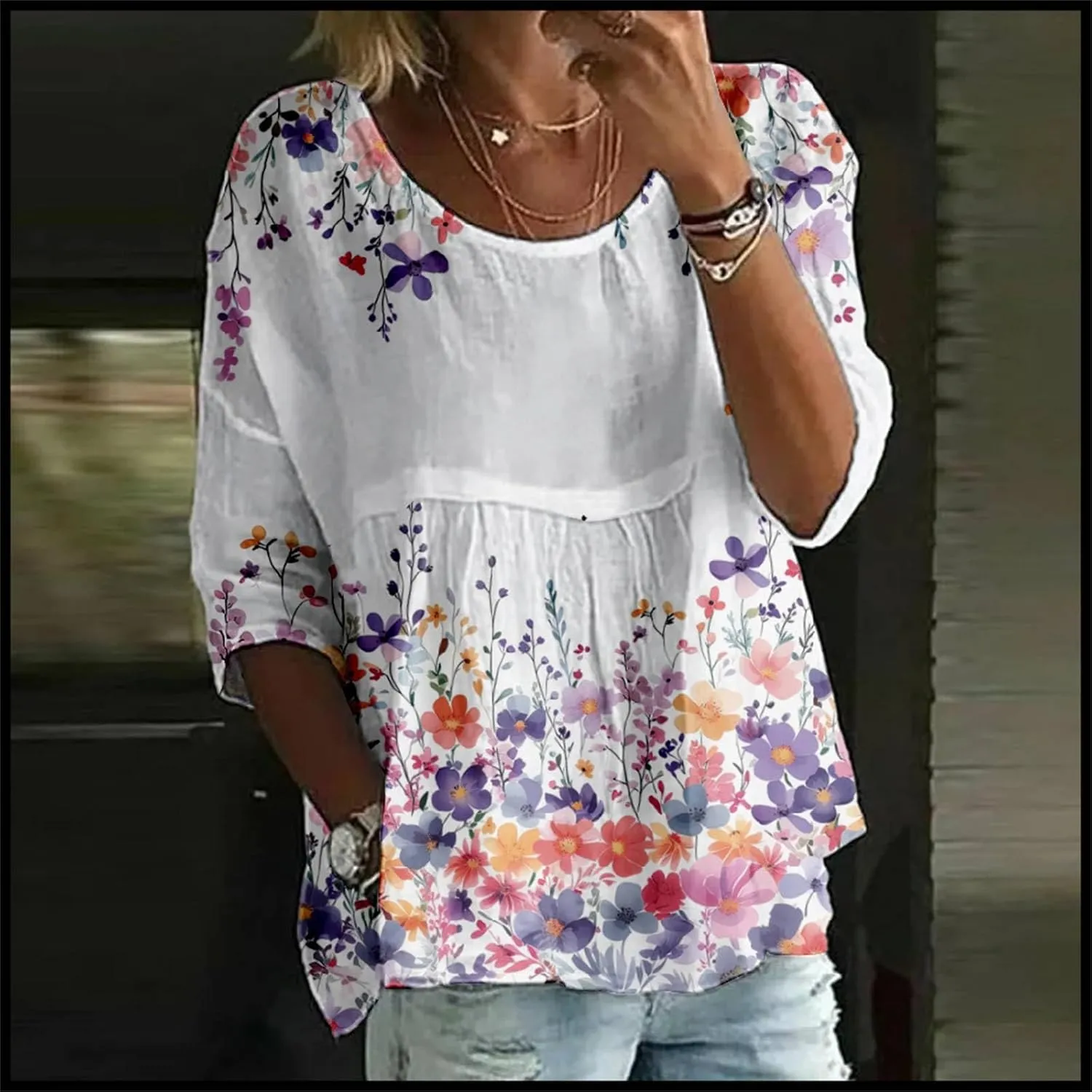 Womens Peasant Boho Tunic Tops 2025 3/4 Length Sleeve Casual Floral Print Loose Fit Summer Flowy Babydoll Blouses