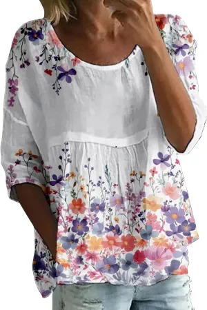 Womens Peasant Boho Tunic Tops 2025 3/4 Length Sleeve Casual Floral Print Loose Fit Summer Flowy Babydoll Blouses