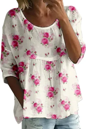 Womens Peasant Boho Tunic Tops 2025 3/4 Length Sleeve Casual Floral Print Loose Fit Summer Flowy Babydoll Blouses