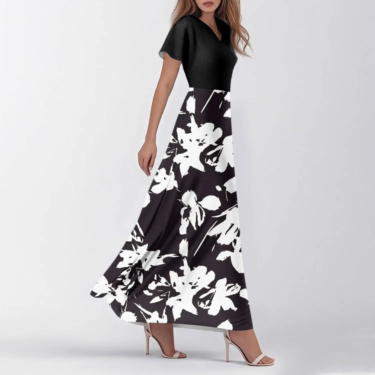 Women's Short Sleeve Floral Maxi Dress 2025 Summer V Neck Loose Plain Empire Waist Casual Wedding Guest Dresses