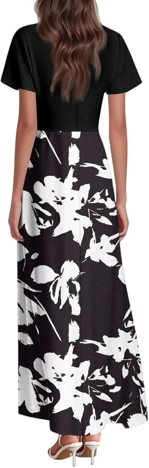 Women's Short Sleeve Floral Maxi Dress 2025 Summer V Neck Loose Plain Empire Waist Casual Wedding Guest Dresses