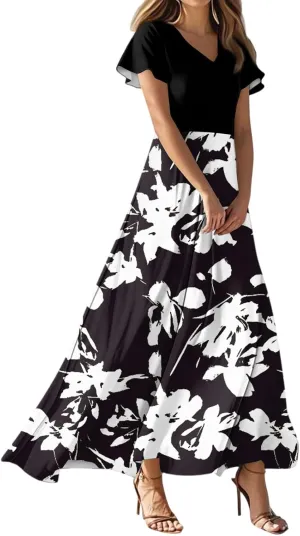 Women's Short Sleeve Floral Maxi Dress 2025 Summer V Neck Loose Plain Empire Waist Casual Wedding Guest Dresses