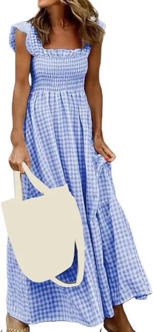 Womens Summer Cami Dress Casual Retro Plaid Ruffle Strap Sleeveless Square Neck Smocked A-Line Sundress
