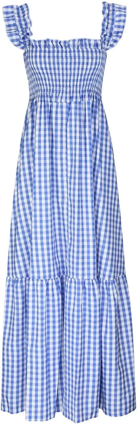 Womens Summer Cami Dress Casual Retro Plaid Ruffle Strap Sleeveless Square Neck Smocked A-Line Sundress