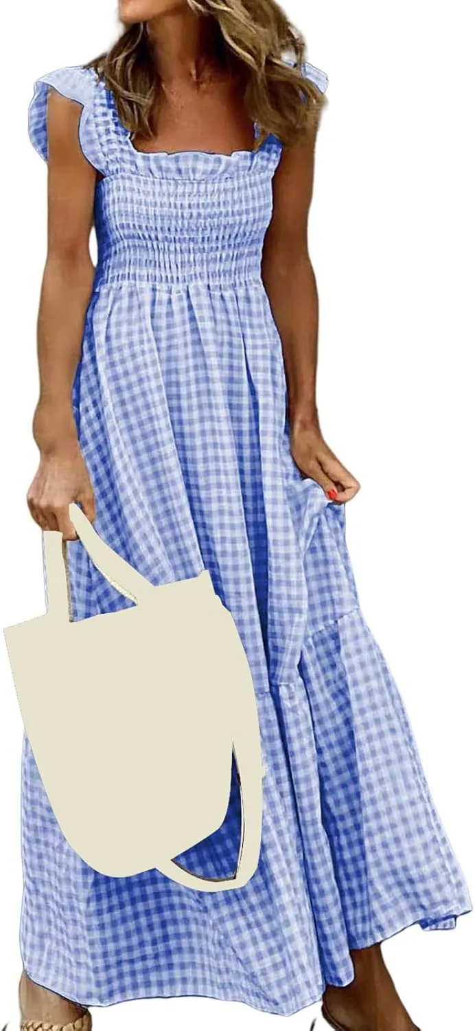 Womens Summer Cami Dress Casual Retro Plaid Ruffle Strap Sleeveless Square Neck Smocked A-Line Sundress