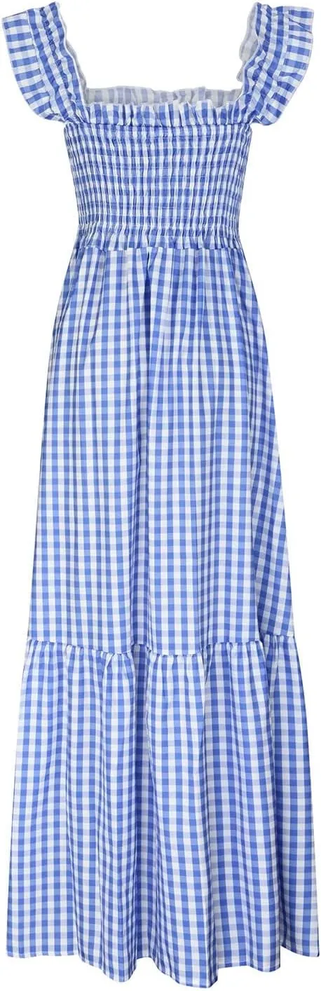 Womens Summer Cami Dress Casual Retro Plaid Ruffle Strap Sleeveless Square Neck Smocked A-Line Sundress
