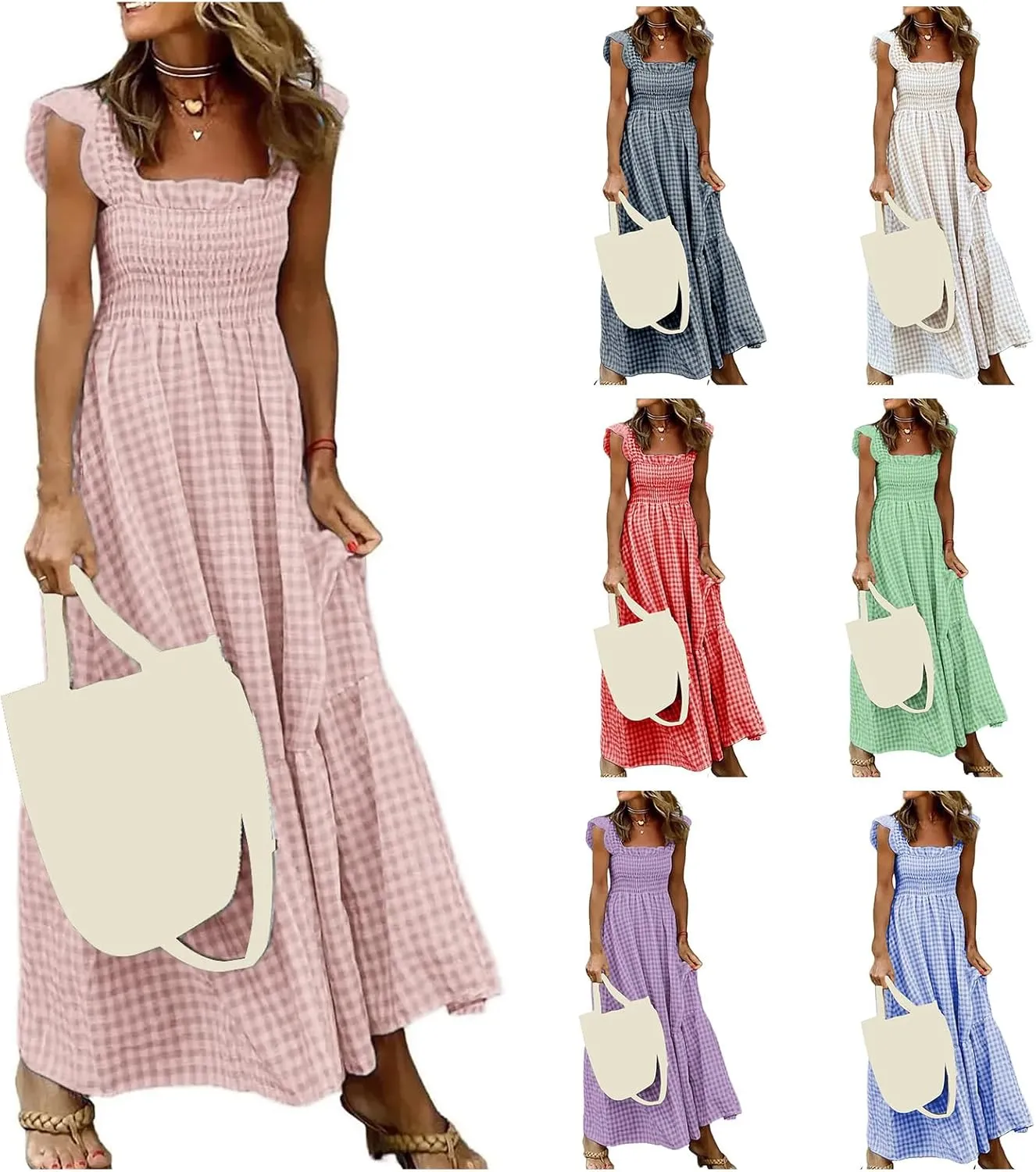 Womens Summer Cami Dress Casual Retro Plaid Ruffle Strap Sleeveless Square Neck Smocked A-Line Sundress
