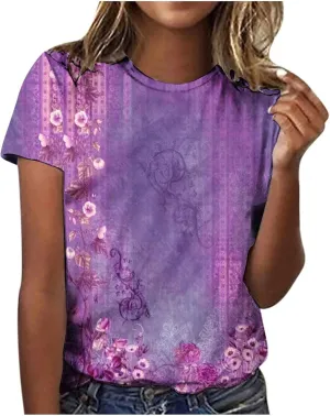 Womens Tops Round Neck Short Sleeve Floral Printed T Shirts 2024 Summer Fashion Basic Boho T Shirts