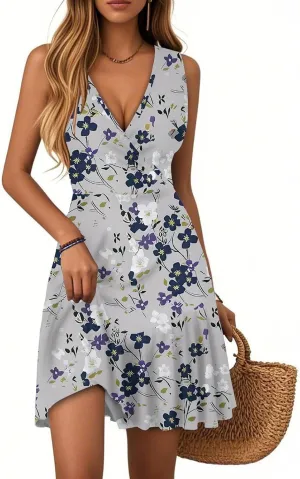 Wrap Dress for Women 2025 Summer Sleeveless V Neck Casual Vacation Sundresses Sexy Floral Mini Beach Dresses
