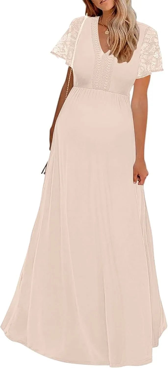 Y Lace Neckline Maternity Dress Lace Short Sleeve Maternity Maxi Dress for Baby Shower Maternity Photoshoot