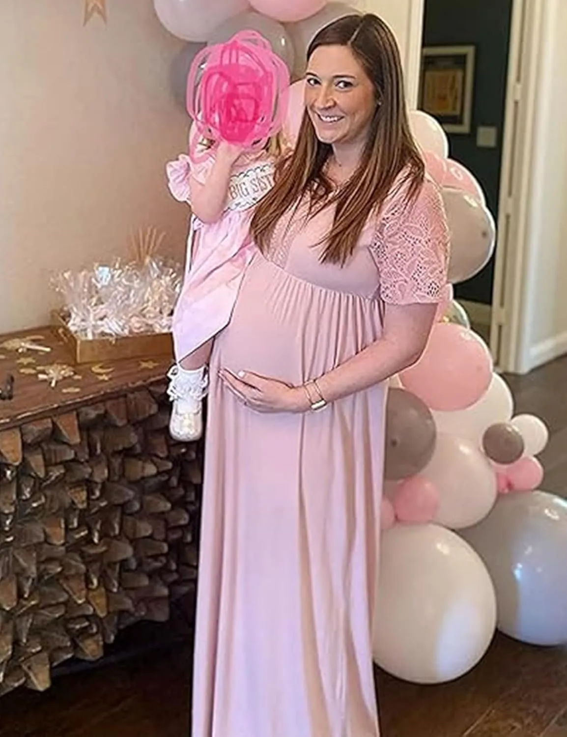 Y Lace Neckline Maternity Dress Lace Short Sleeve Maternity Maxi Dress for Baby Shower Maternity Photoshoot