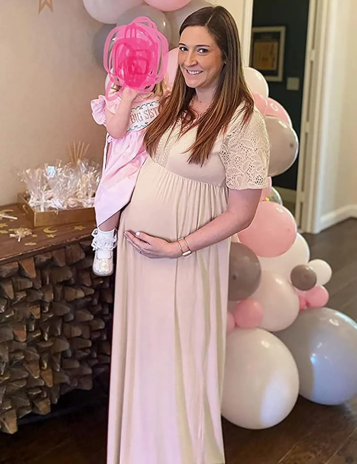 Y Lace Neckline Maternity Dress Lace Short Sleeve Maternity Maxi Dress for Baby Shower Maternity Photoshoot