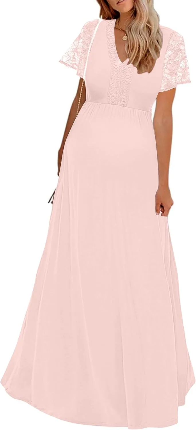 Y Lace Neckline Maternity Dress Lace Short Sleeve Maternity Maxi Dress for Baby Shower Maternity Photoshoot