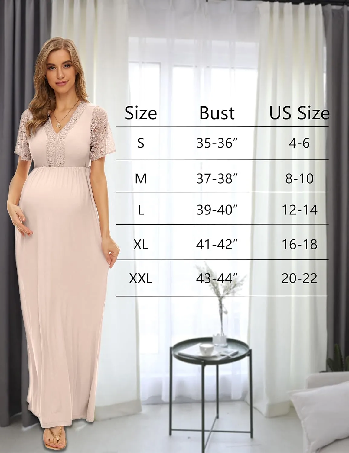 Y Lace Neckline Maternity Dress Lace Short Sleeve Maternity Maxi Dress for Baby Shower Maternity Photoshoot
