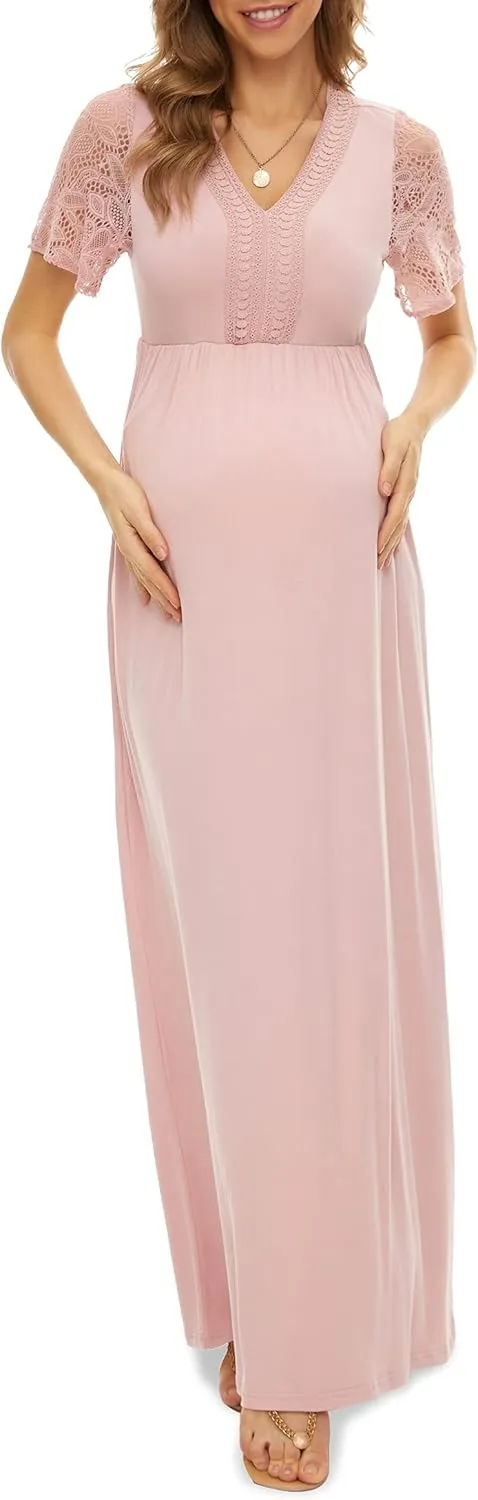 Y Lace Neckline Maternity Dress Lace Short Sleeve Maternity Maxi Dress for Baby Shower Maternity Photoshoot