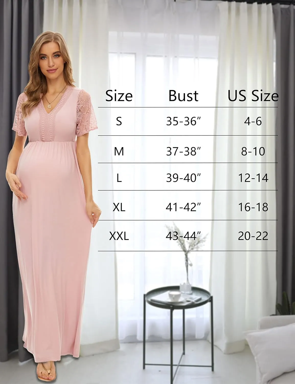 Y Lace Neckline Maternity Dress Lace Short Sleeve Maternity Maxi Dress for Baby Shower Maternity Photoshoot