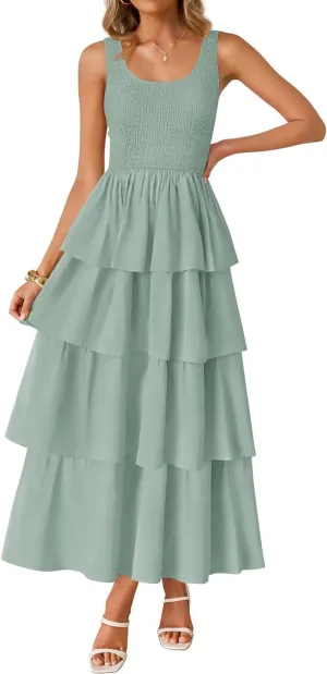 ZESICA Women's 2025 Summer Boho Sleeveless Midi Dress Scoop Neck Ruffle Tiered Layered Swing Long Beach Vacation Dresses