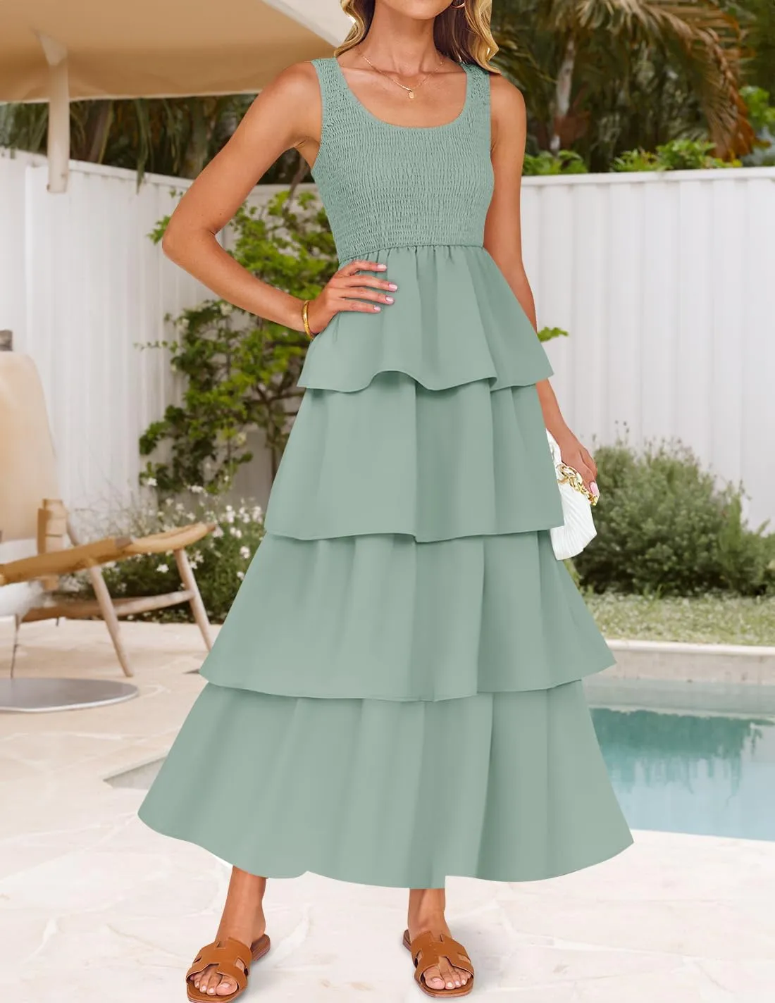 ZESICA Women's 2025 Summer Boho Sleeveless Midi Dress Scoop Neck Ruffle Tiered Layered Swing Long Beach Vacation Dresses