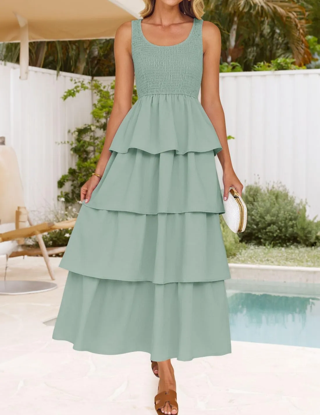 ZESICA Women's 2025 Summer Boho Sleeveless Midi Dress Scoop Neck Ruffle Tiered Layered Swing Long Beach Vacation Dresses