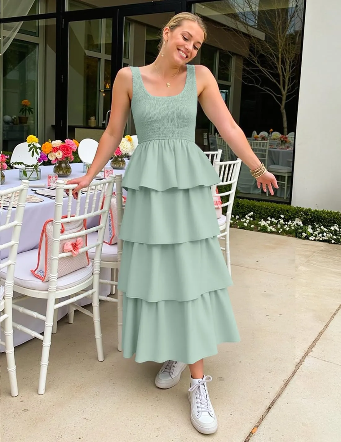 ZESICA Women's 2025 Summer Boho Sleeveless Midi Dress Scoop Neck Ruffle Tiered Layered Swing Long Beach Vacation Dresses